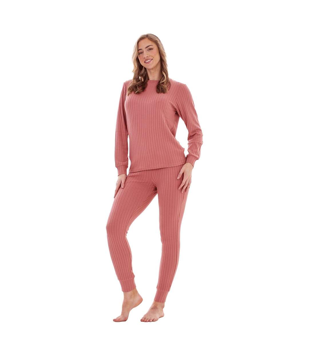 Ensemble De Pyjama Long Motif/style Côtelé Femme Rose Clair Keanu-2