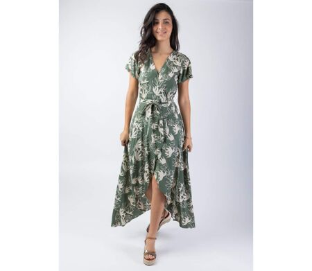 Robe longue kaki SAKURA motif fleur de lotus Coton Du Monde