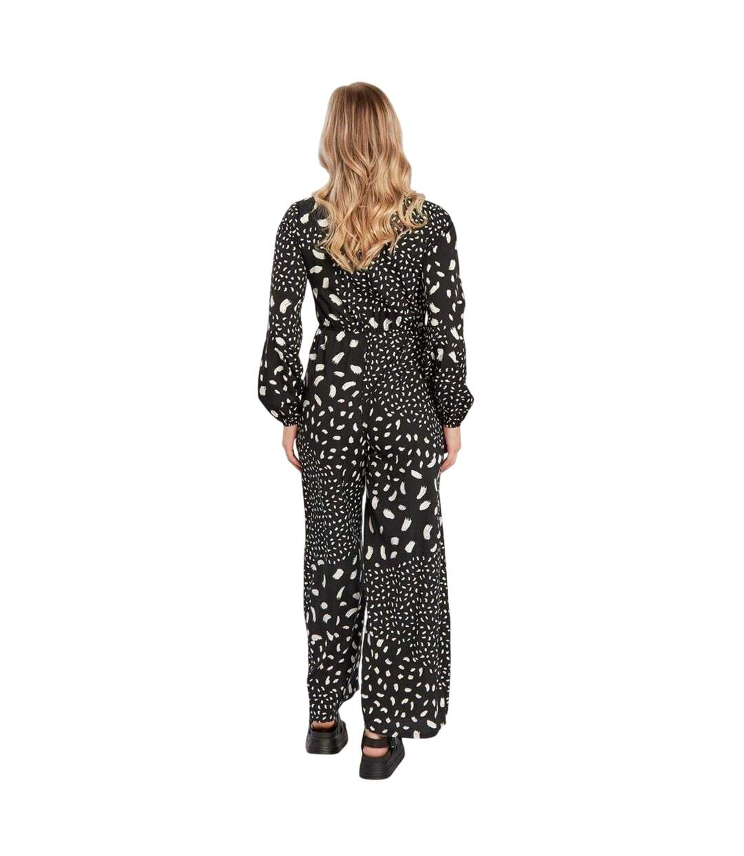 Womens/ladies Relaxed Fit Long-sleeved Jumpsuit Black White Influence-2