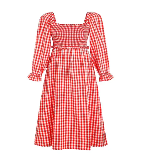 Robe Mi-longue Manches Longues Motif/style À Carreaux Femme Rouge Blanc Miso