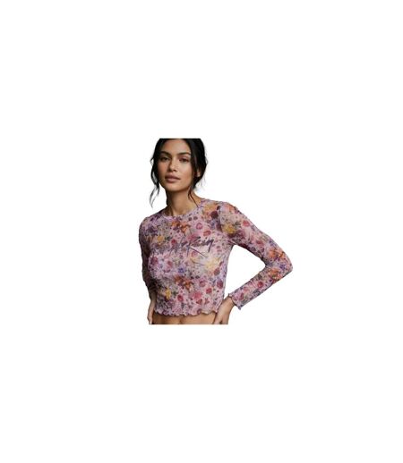 Womens/ladies Purple Rain Floral Mesh Logo Long-sleeved Crop Top Pink Prince
