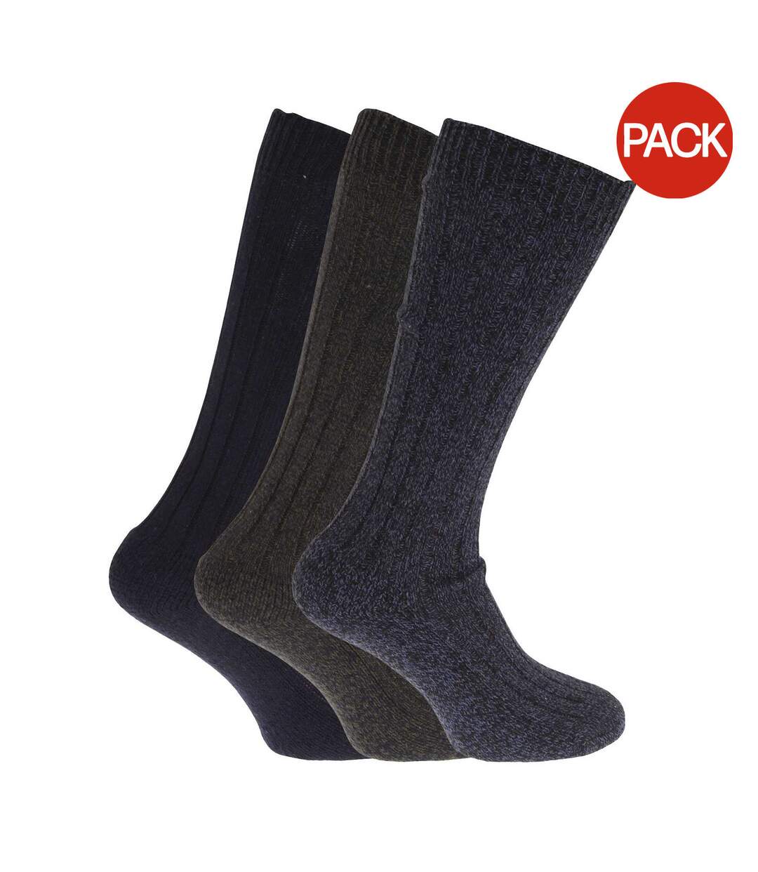 Pack Of 3 Mens Wool Blend Long Length Socks With Padded Sole  Navy Marl Khaki Marl Navy Universal Textiles-1