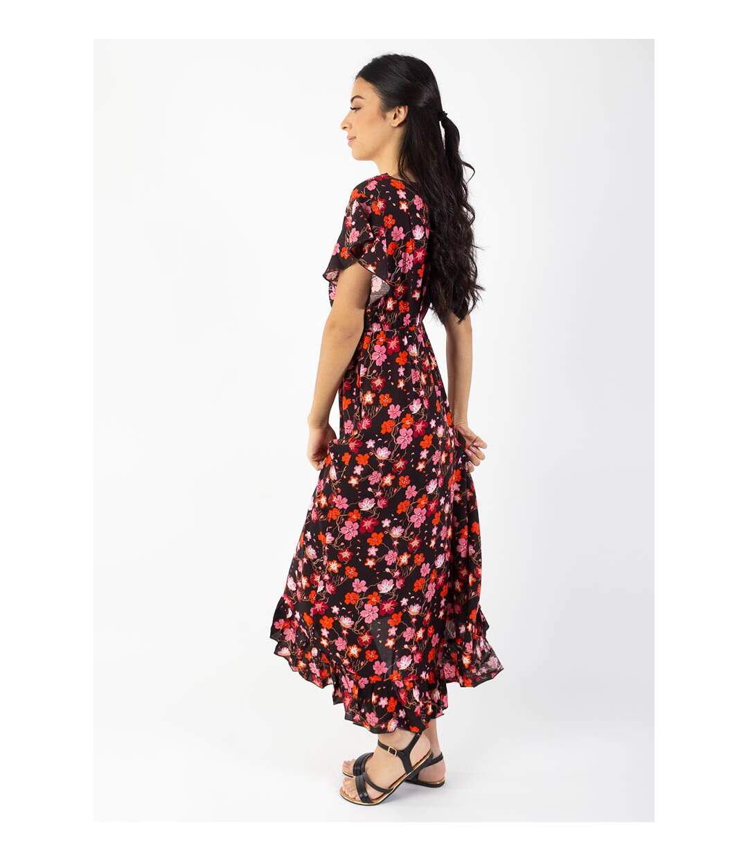 Robe longue à volants KENDRA imprimé fleurs de cerisier noir Coton Du Monde