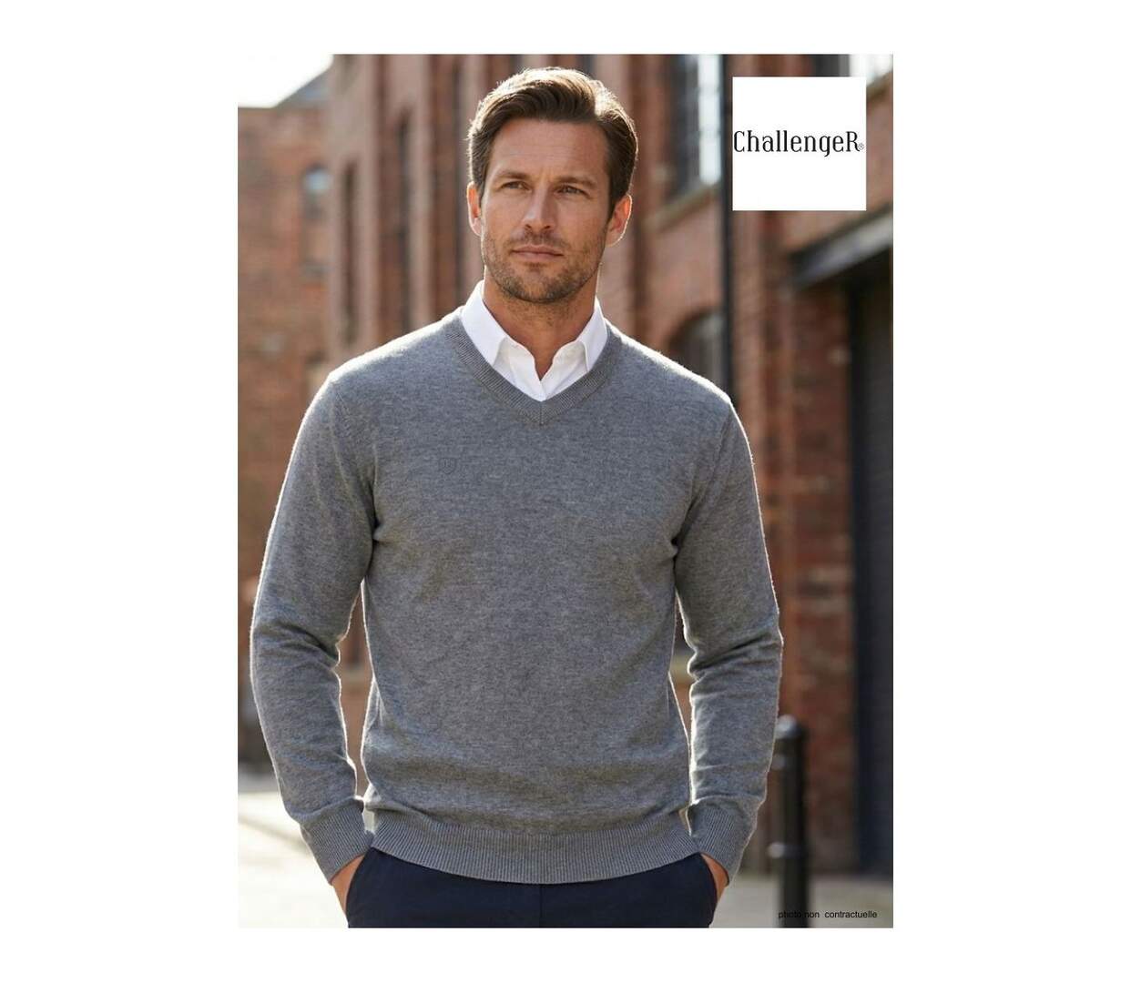 Pull Col V Homme PALAIS3 Gris avec Finitions Chambray-4
