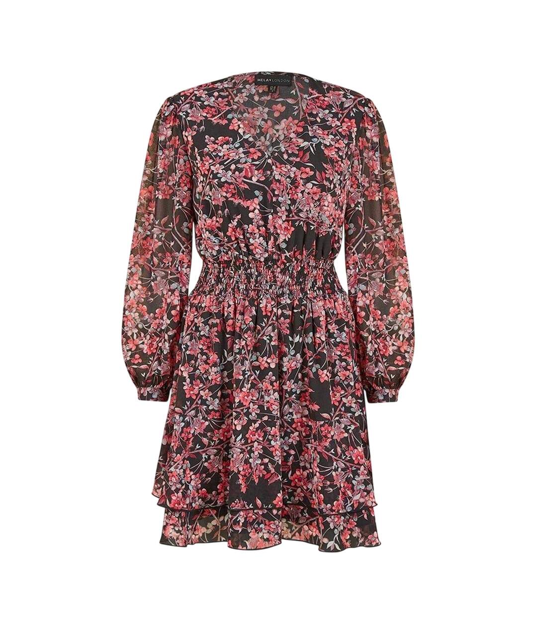 Womens/ladies Blossom V Neck Skater Dress Black Multicoloured Mela London-2