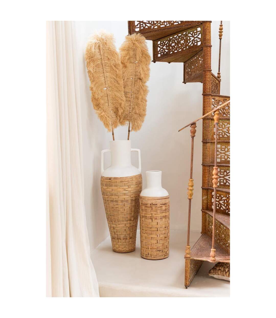 Vase Déco avec Tissage Rotin Bali 75cm Blanc & Naturel-3