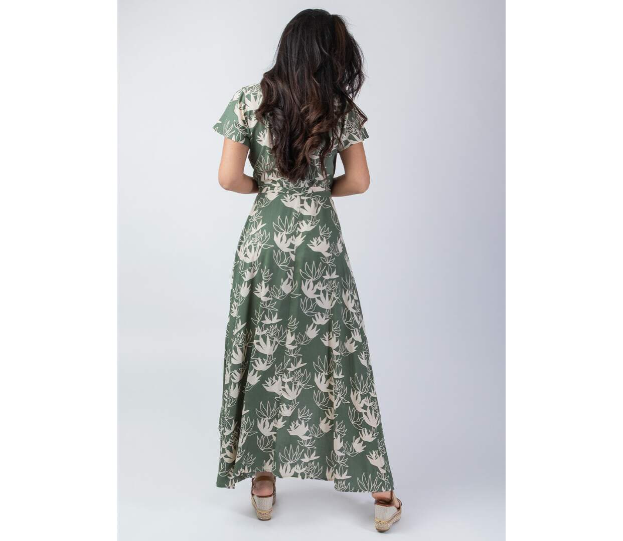 Robe longue kaki SAKURA motif fleur de lotus Coton Du Monde-4