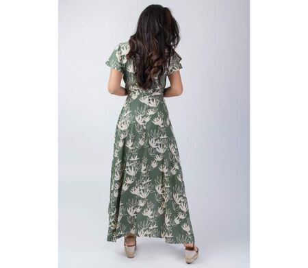 Robe longue kaki SAKURA motif fleur de lotus Coton Du Monde
