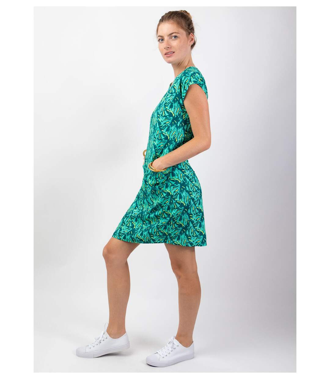 Robe femme été coton manches courtes ERIKA motif tropical vert Coton Du Monde