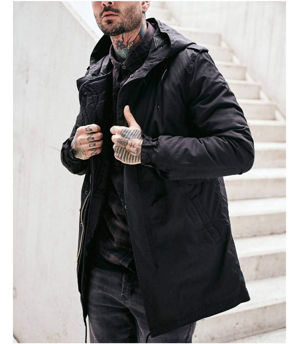 Manteau noir Parka longue à capuche pour homme et gilet matelassée amovible intérieur