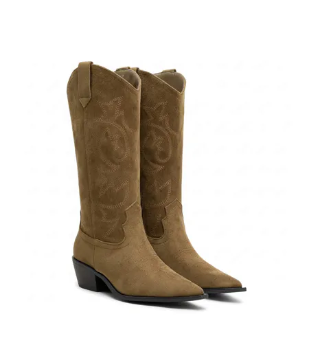 OZABI Bottes Santiag Femme Haute Tige Suédine Talon Bloc 4 cm Bout Pointu