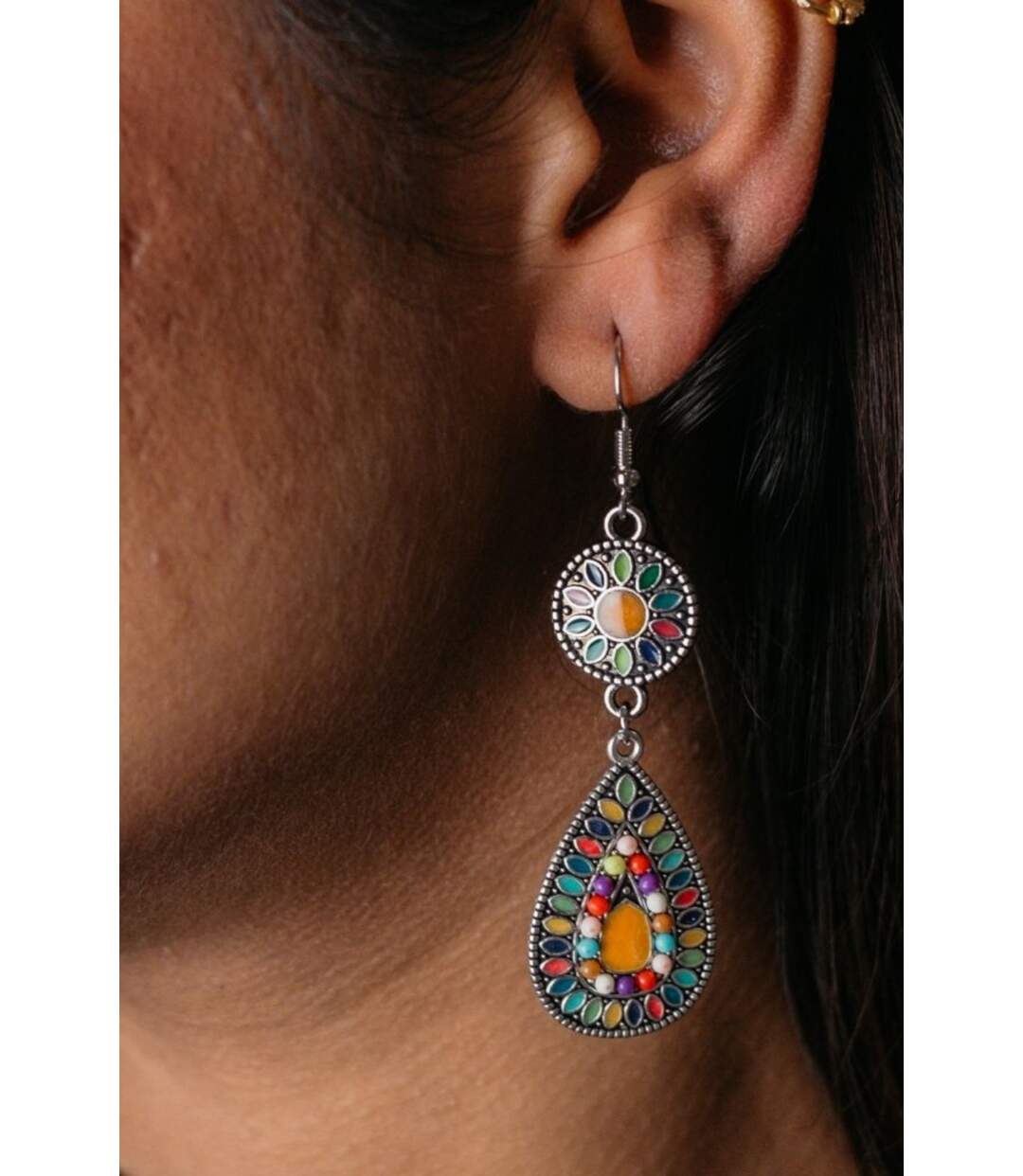 Long Mandala Water Drop Colourful Floral Enamel Indian Triangle Ethnic Danglers-1