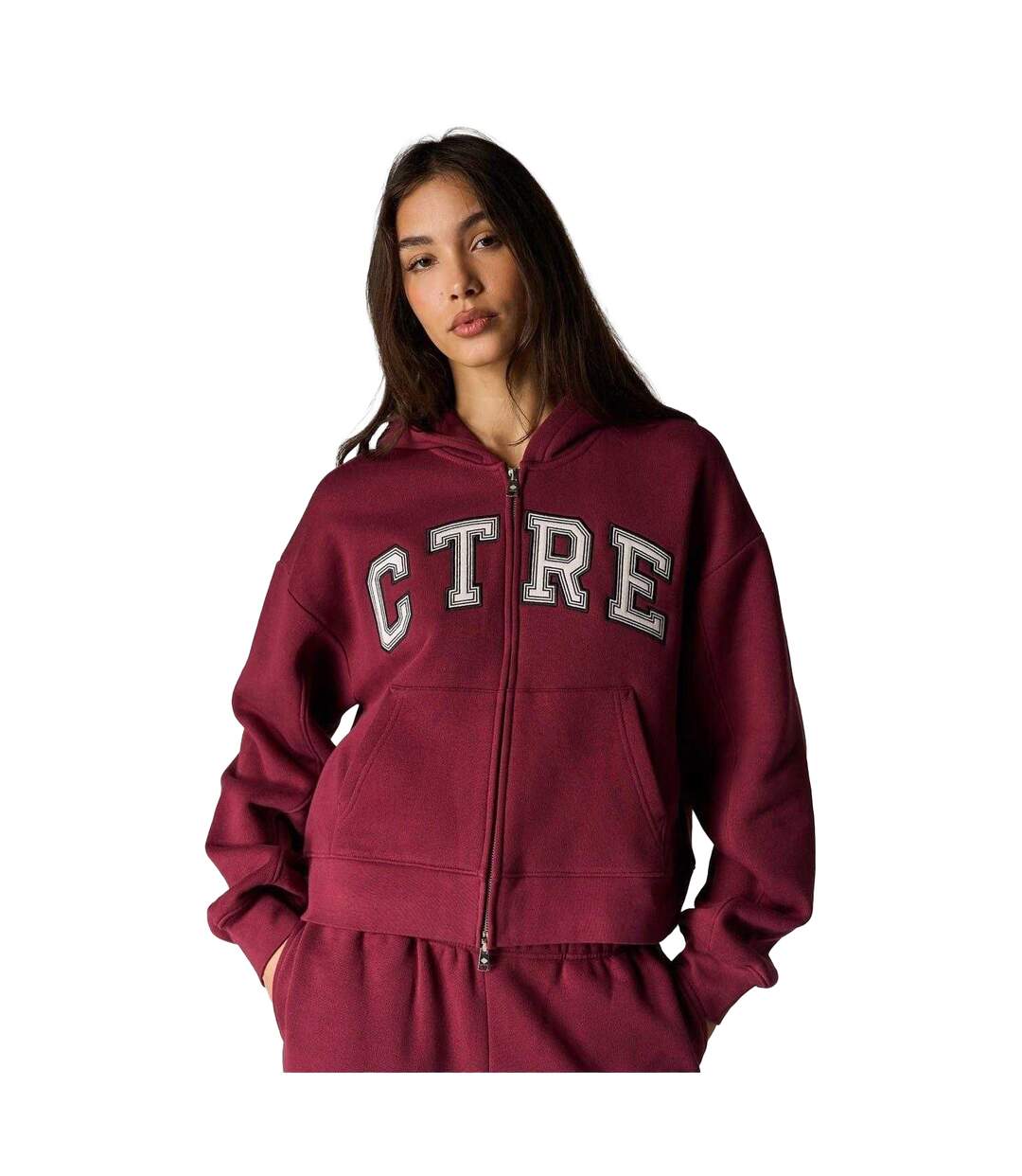 Womens/ladies Applique Logo Cotton Full Zip Hoodie Burgundy Couture-1