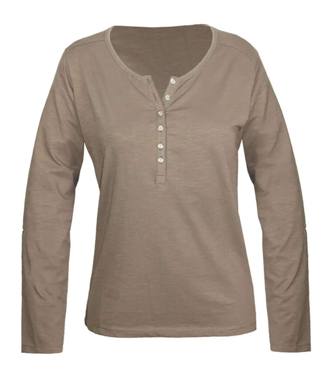 MAYFLOWER NINON3 : Tee-shirt manches longues taupe en coton flammé avec patte boutonnée-5