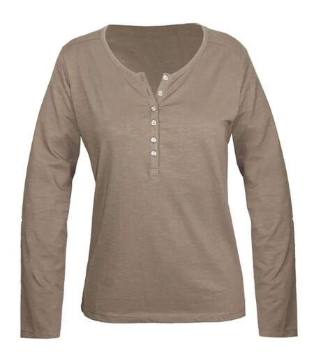 MAYFLOWER NINON3 : Tee-shirt manches longues taupe en coton flammé avec patte boutonnée