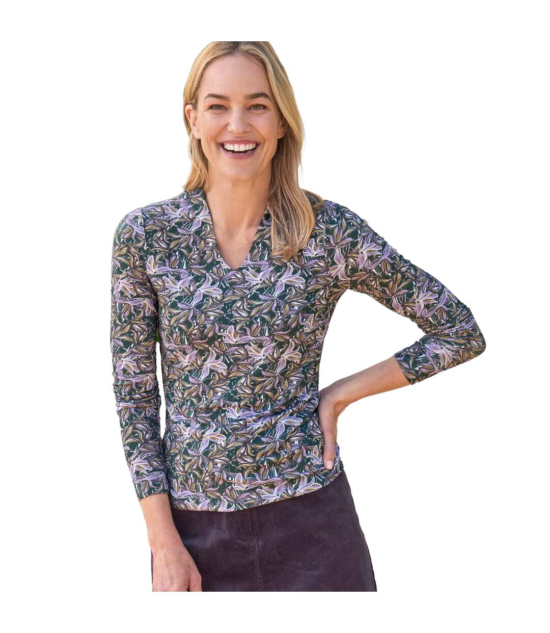 Womens/ladies Jersey V Neck 3/4 Sleeve Top Multicoloured WoolOvers-1