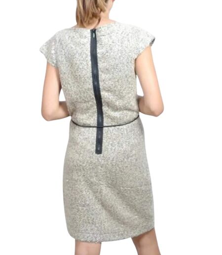 Robe Beige Chinée Sans Manches Femme, Longueur Genoux, Col Bateau, Ceinture Incluse, Doublée