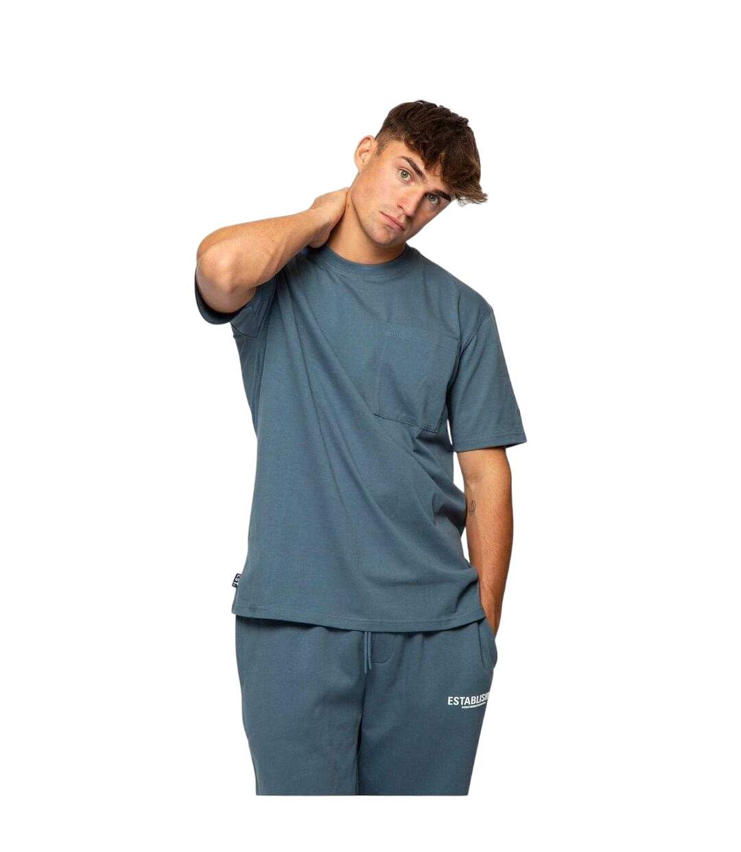 Mens Embroidered Pocket T-shirt Steel Blue Established-2