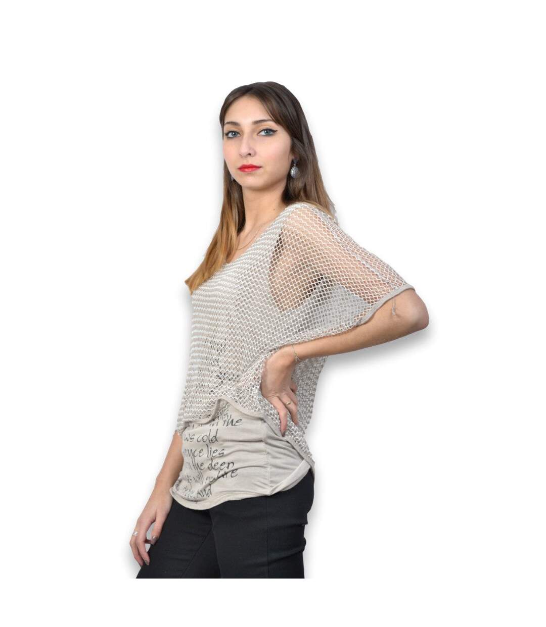 Tunique femme comprenant 2 pièces - Top manches trois quart - Beige