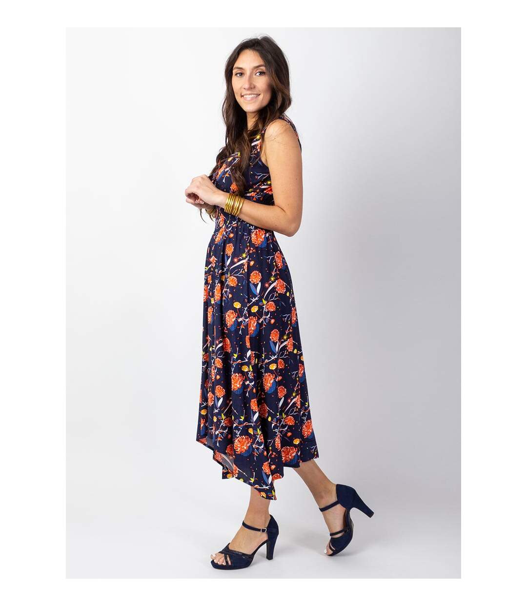 Robe longue asymétrique AMELIA motif fleurs Coton Du Monde