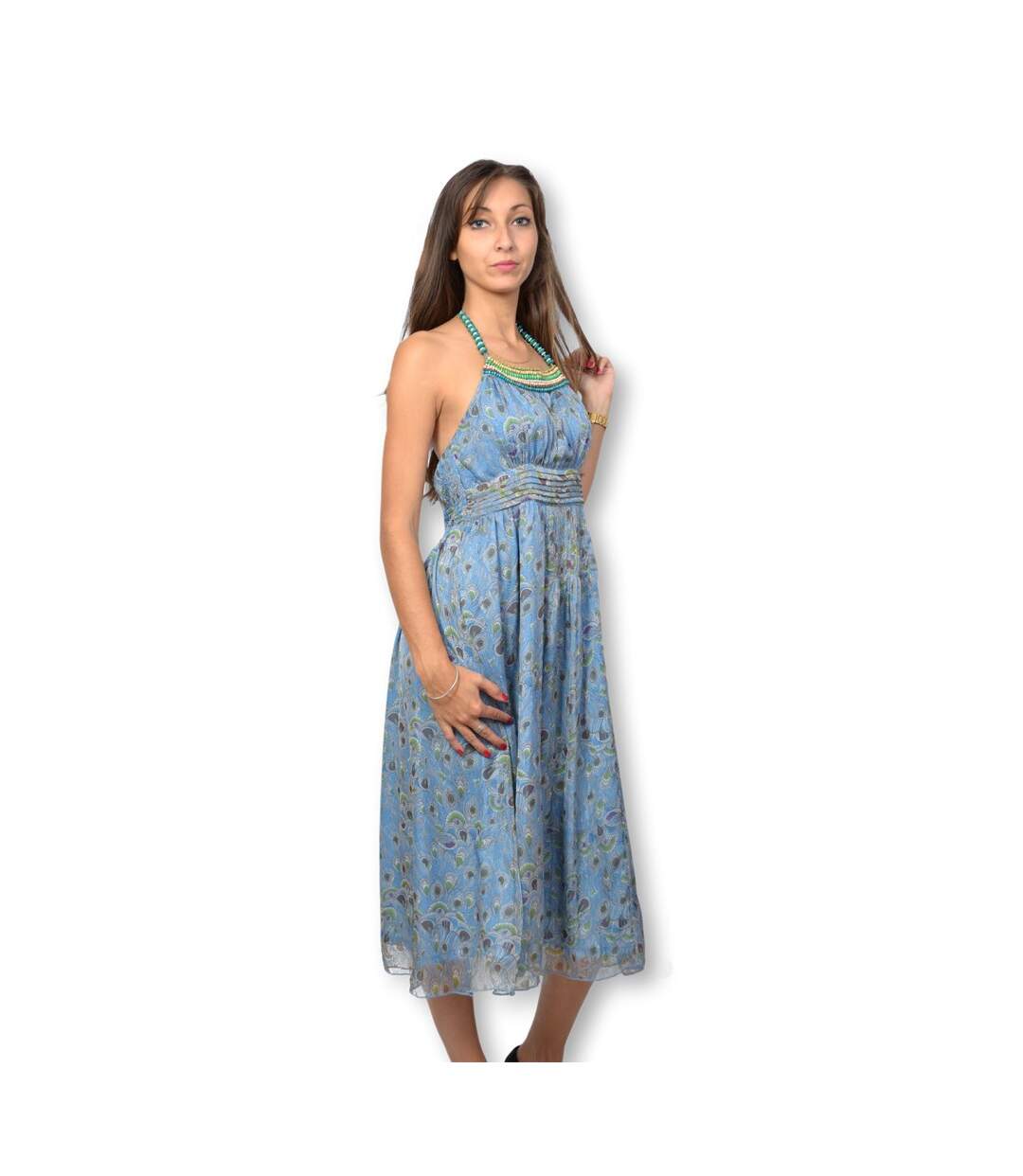 Robe femme sans manche ilongue aux motifs imprimés fleurs couleur bleu-1