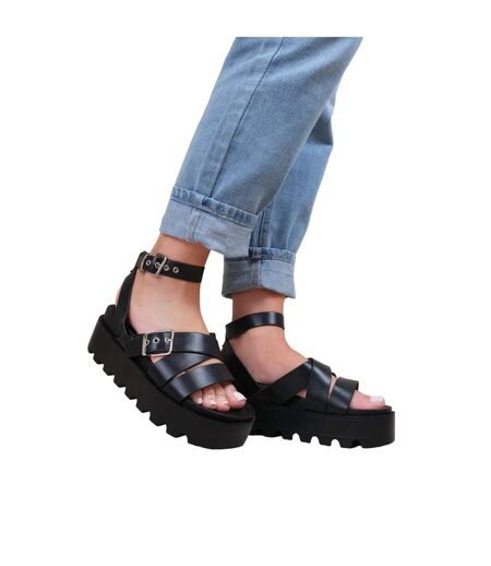 Womens/ladies layla buckle wide platform sandals black Where´s That From