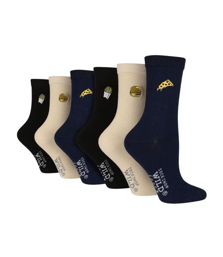 Wildfeet - 6 Paires Femme Chausettes Noires Coton Brodées Fantaisie