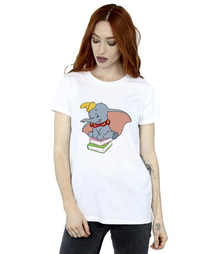 Disney Femme/Ladies Dumbo Sitting On Books Cotton Boyfriend T-Shirt (Blanc) - UTBI20409