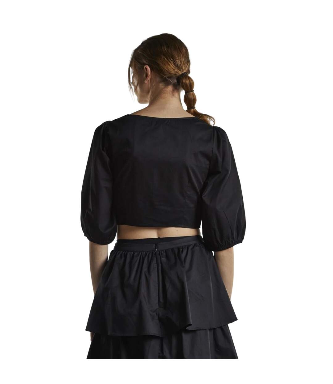 Womens/ladies Twisted Knot Front Puff Sleeve Crop Top Black Glamorous-3