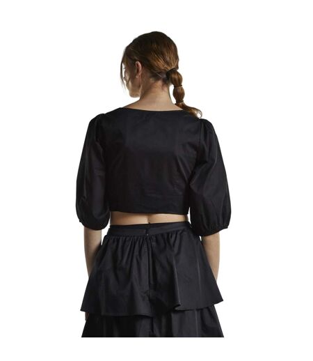 Womens/ladies Twisted Knot Front Puff Sleeve Crop Top Black Glamorous