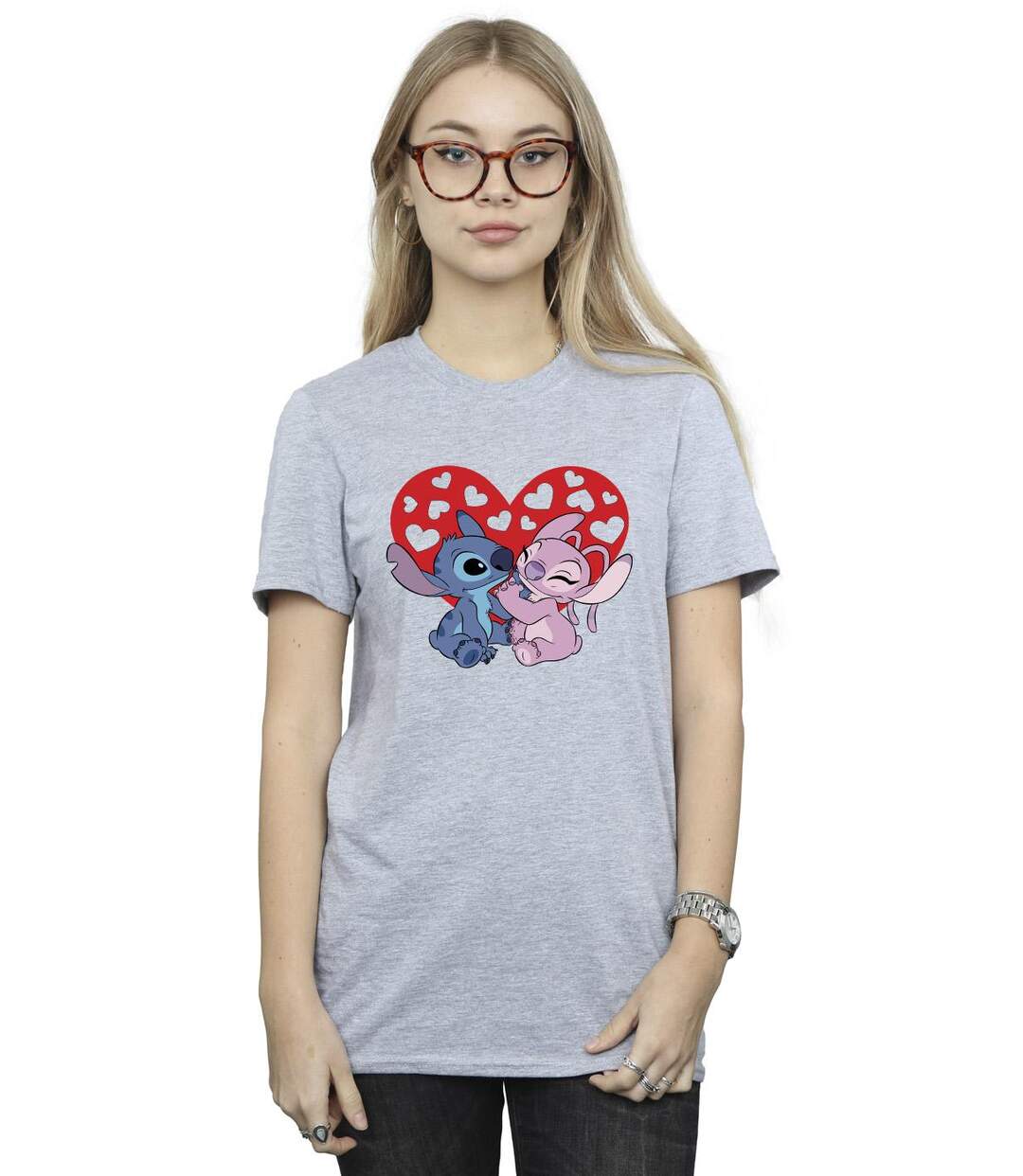 Disney Femmes/Les femmes Lilo & Stitch - T-shirt boyfriend en coton avec des cœurs (Gris sportif) - UTBI30098-2