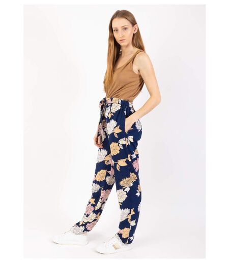 Pantalon casual CHARLY imprimé fleuri bleu marine Coton Du Monde