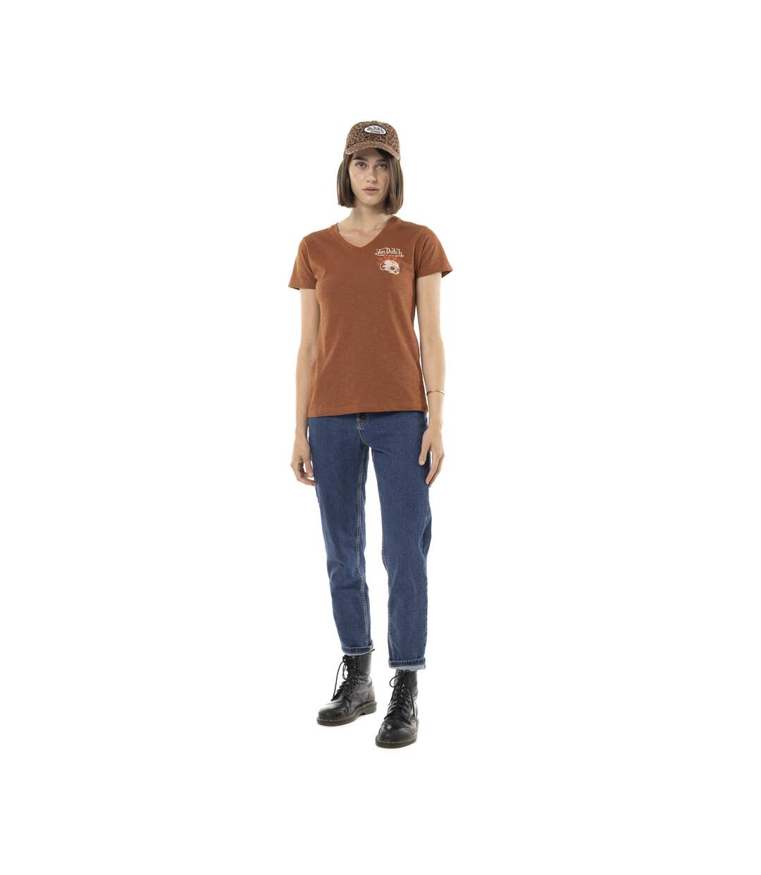 T-shirt femme uni col V avec print devant et dos Burn Vondutch-5
