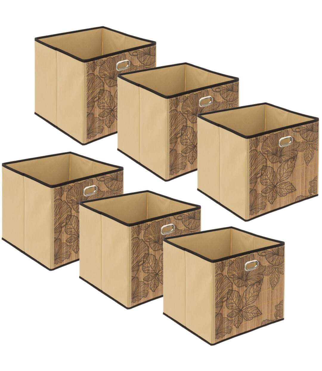 Lot de 6 Boîtes de rangement imprimé tropical en bambou et tissu Blackflora - Marron et noir-1