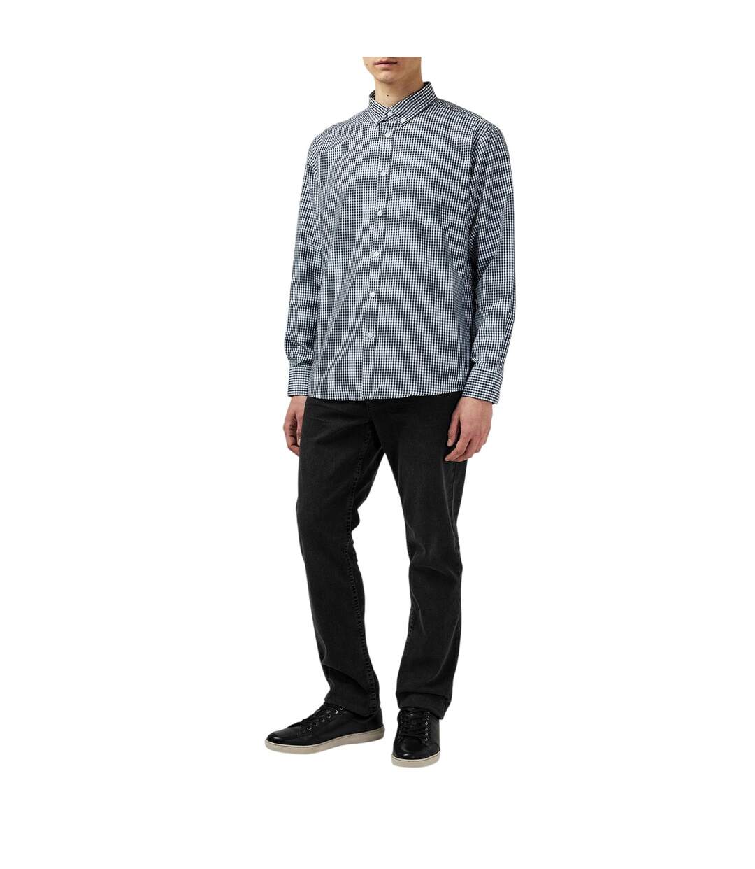 Mens Patterned Poplin Long-sleeved Shirt Navy Gingham Fabric-4