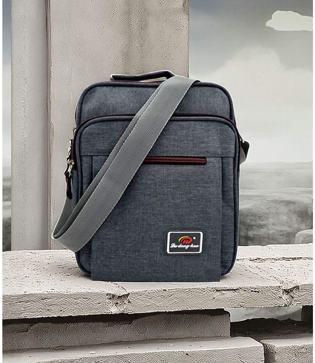 Sacoche bandoulière homme multi-poches en toile synthétique gris foncé - compact et élégant-3