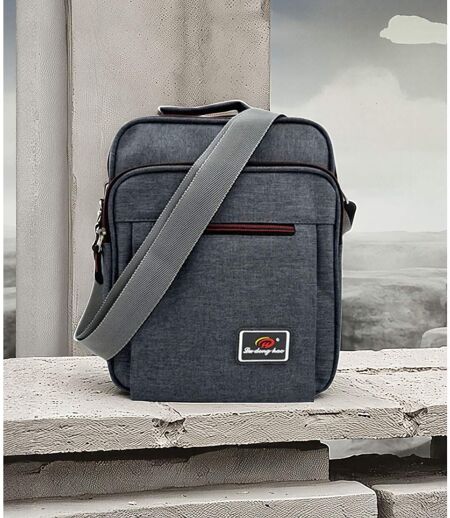 Sacoche bandoulière homme multi-poches en toile synthétique gris foncé - compact et élégant