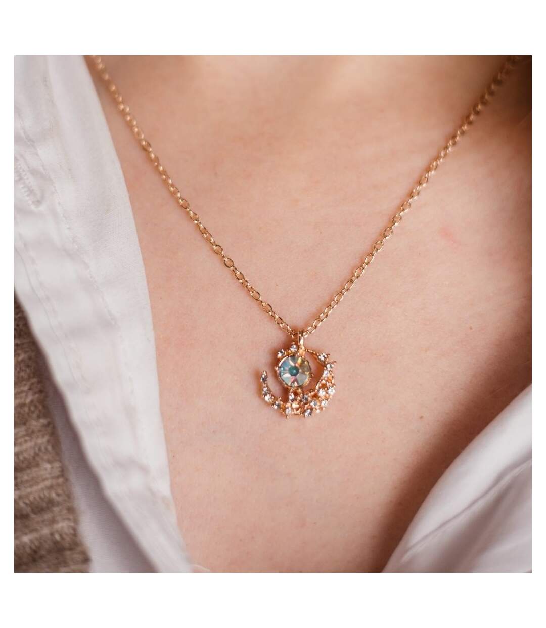Silver Rose Gold Half Moon Zircon Minimalist Pendant Necklace-2