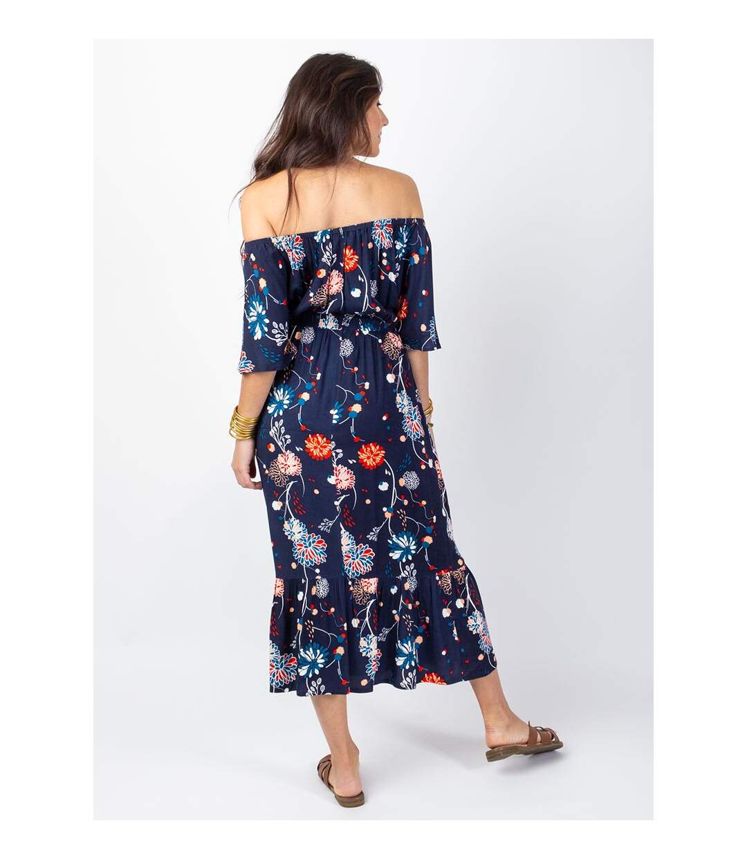 Robe longue chic DALIA col bardot imprimé fleuri bleu Coton Du Monde