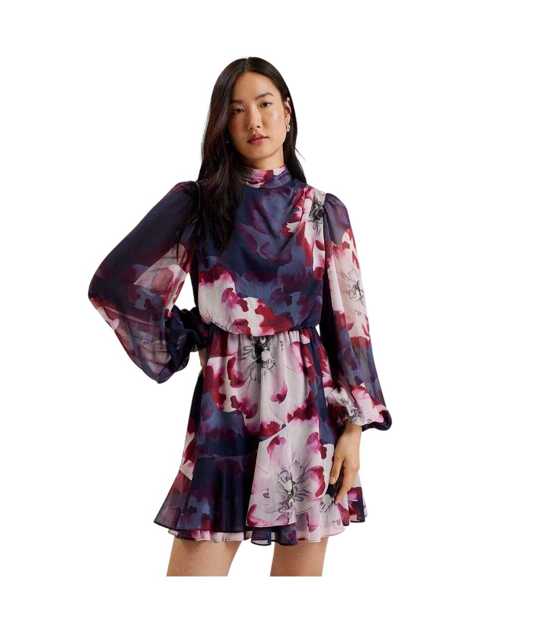 Womens/ladies Aracely Floral Chiffon Bishop Mini Dress Navy Multicoloured Ted Baker-4