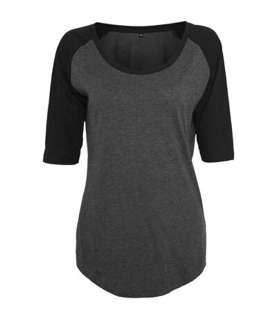 Womens/ladies Contrast Polycotton Raglan 3/4 Sleeve T-shirt Heather Charcoal Black Build Your Brand