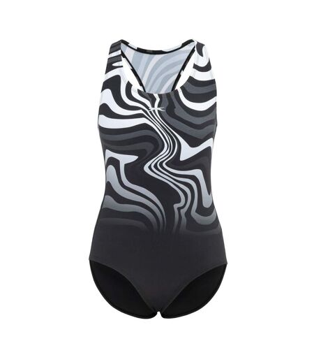 Womens/ladies Wave Pattern One Piece Swimsuit Black White Slazenger
