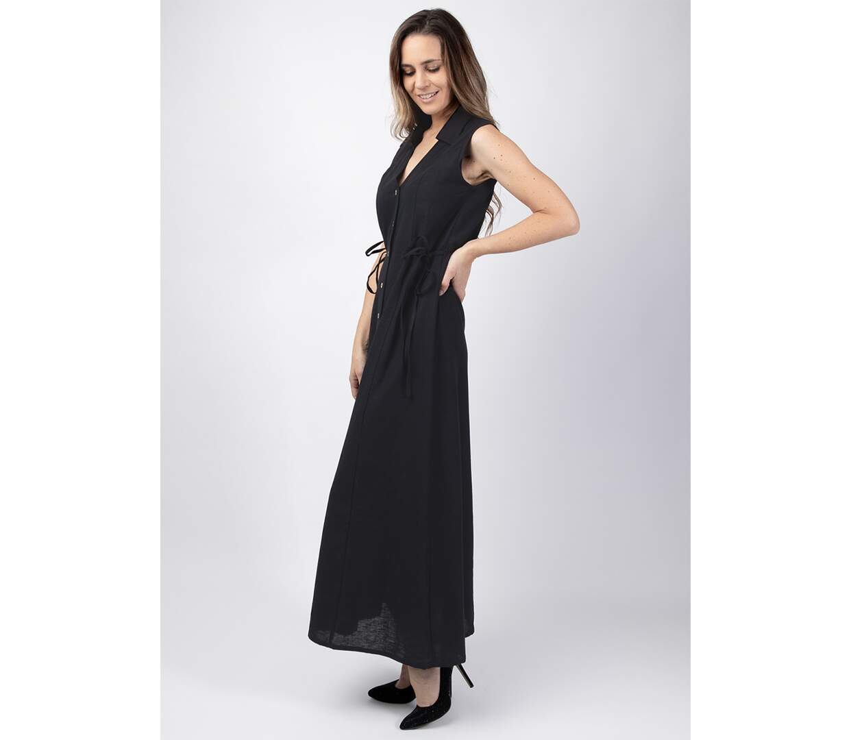 Robe longue féminine col tailleur PAULINE unie noire Coton Du Monde-3
