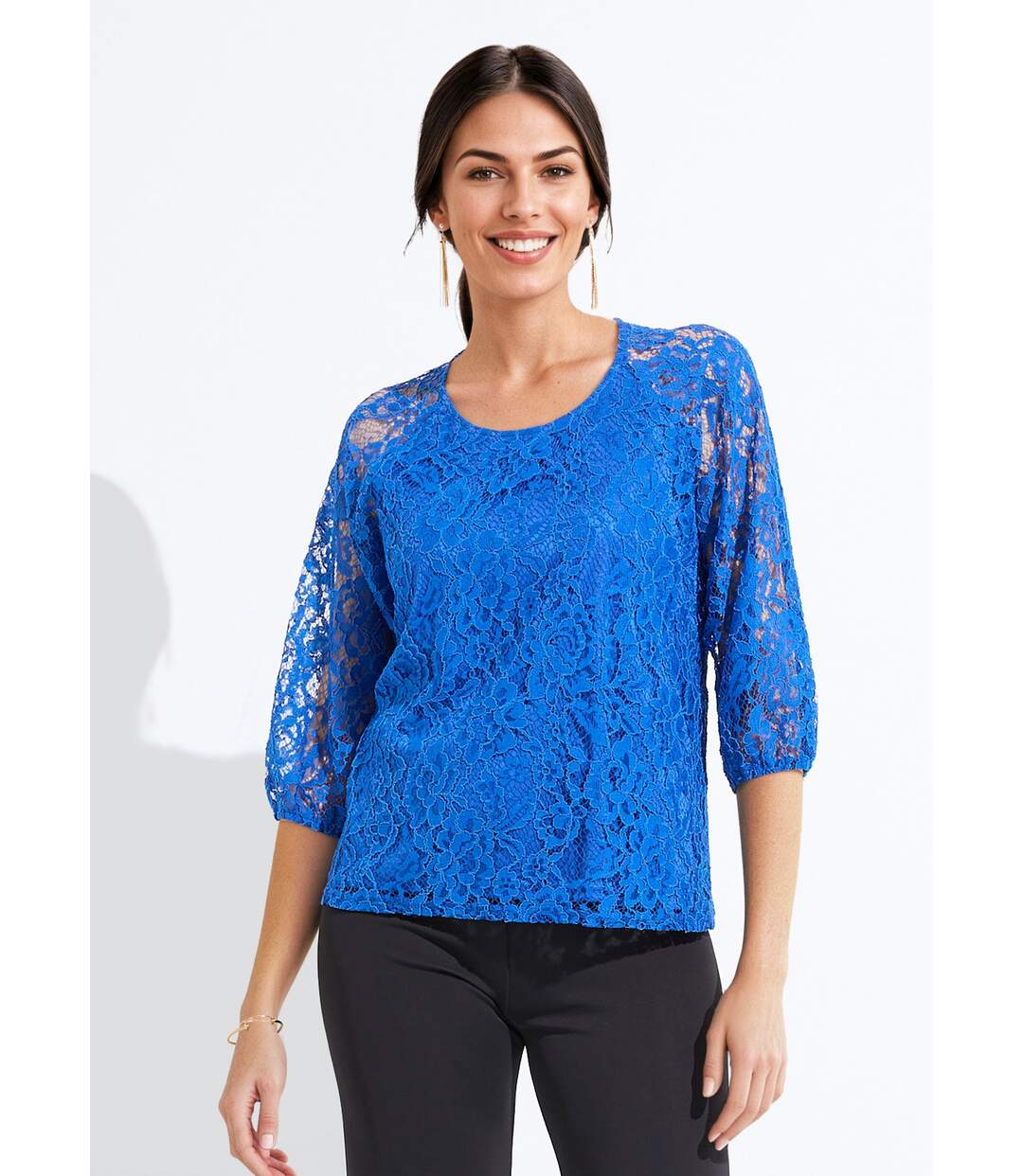 T-shirt dentelle col rond manches 3/4 raglan-1