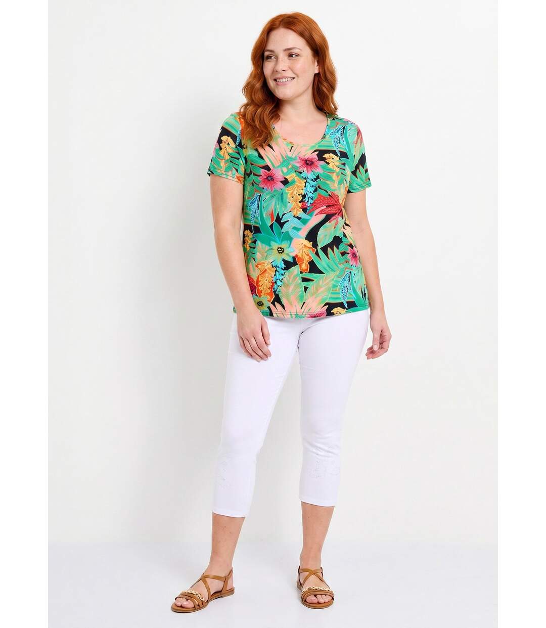 T-shirt long col rond imprimé exotique manches courtes-3