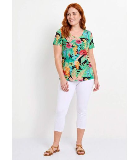 T-shirt long col rond imprimé exotique manches courtes