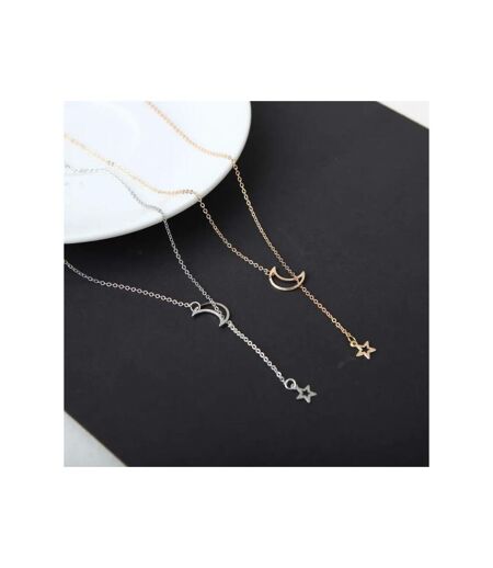 Long Slim Moon Star Drop Y Shape Moon Interlock Lariat Necklace