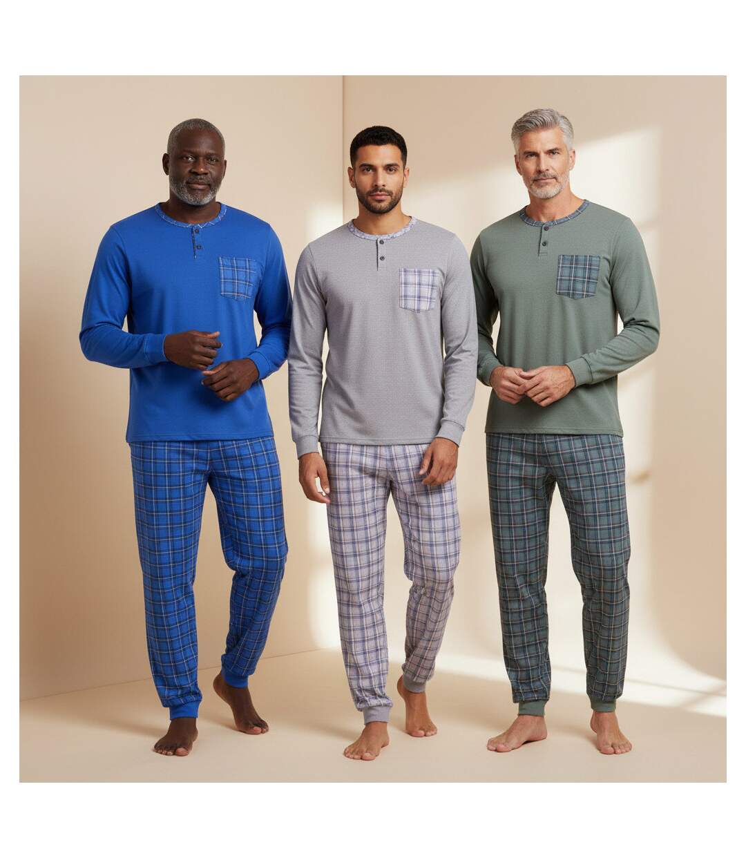 OZABI Pyjama Homme Long Pack de 3, Coton Doublé Polaire, Col Boutonné-2