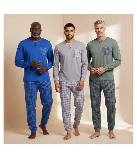 OZABI Pyjama Homme Long Pack de 3, Coton Doublé Polaire, Col Boutonné