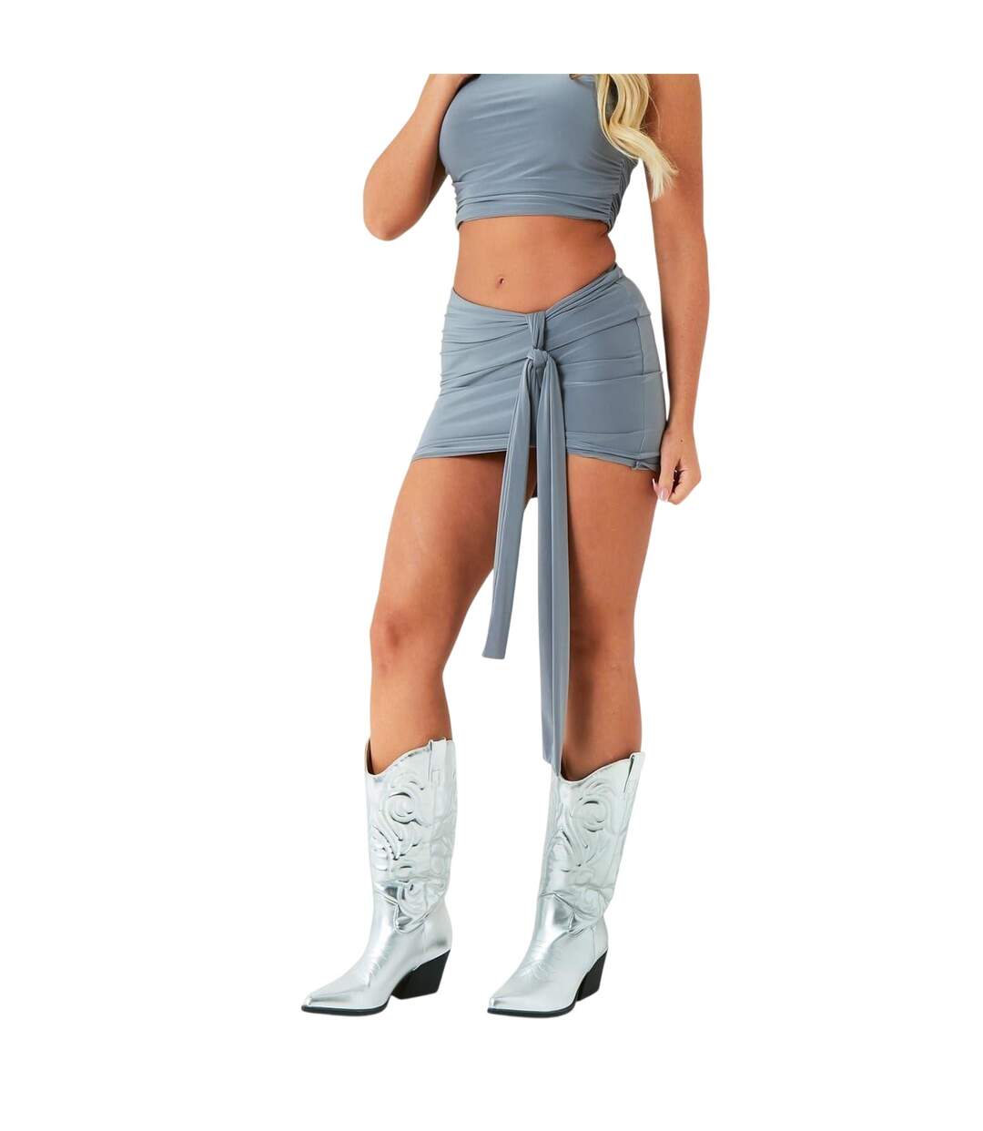Womens/ladies Ruched Tie Detail Mini Skirt Grey Missy Empire-4